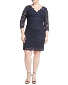 Sequined Lace 3/4-sleeve Sheath Dress, Blue,