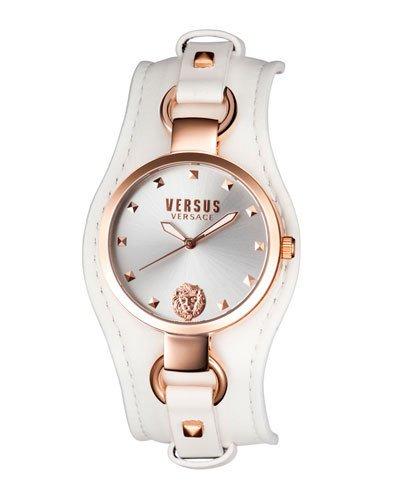 34mm Roslyn Studded Leather Cuff Watch, White