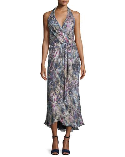 Halter-neck Faux-wrap Dress,