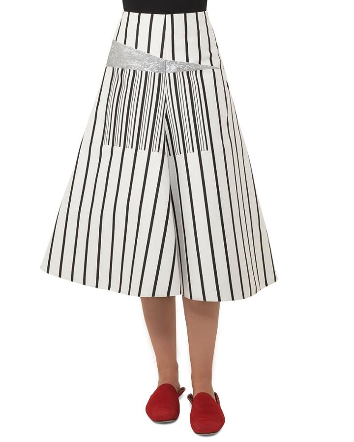Structured A-line Striped Cotton Canvas Midi Skirt W/