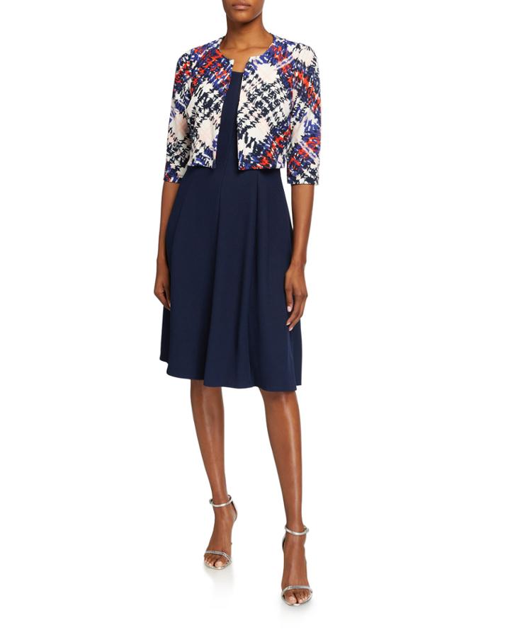 Two-piece Knit Set W/ Plaid Jacket And Dress