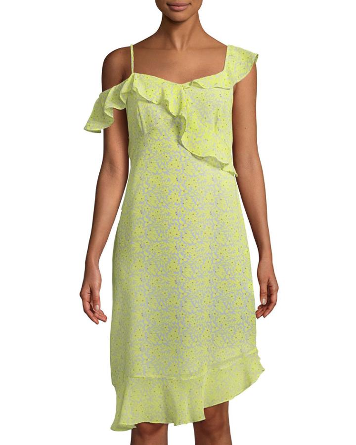 Asymmetric-neck Floral-print Dress
