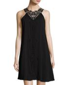 Crochet-yoke Woven Dress, Onyx