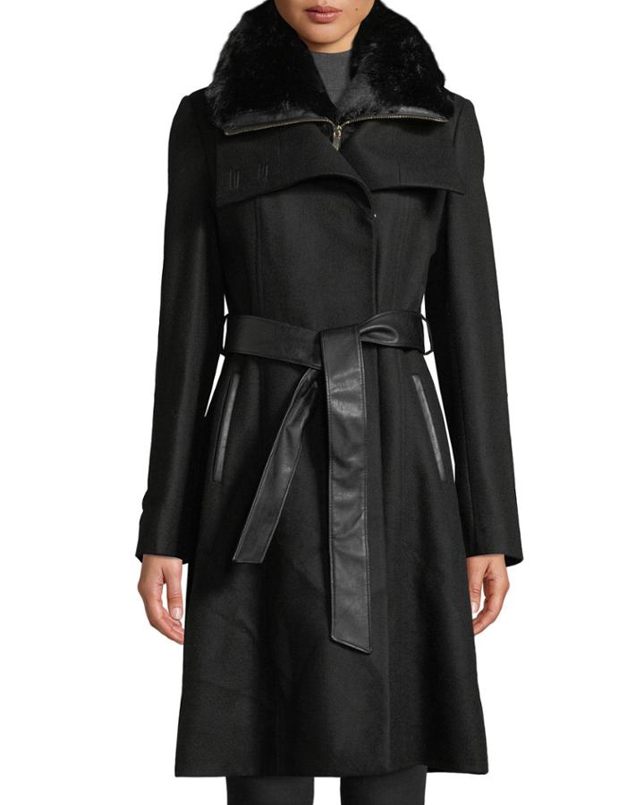 Double-breasted Belted Wool-blend Coat With Detachable Faux-fur Bib