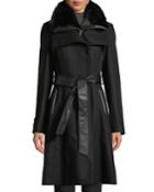 Double-breasted Belted Wool-blend Coat With Detachable Faux-fur Bib