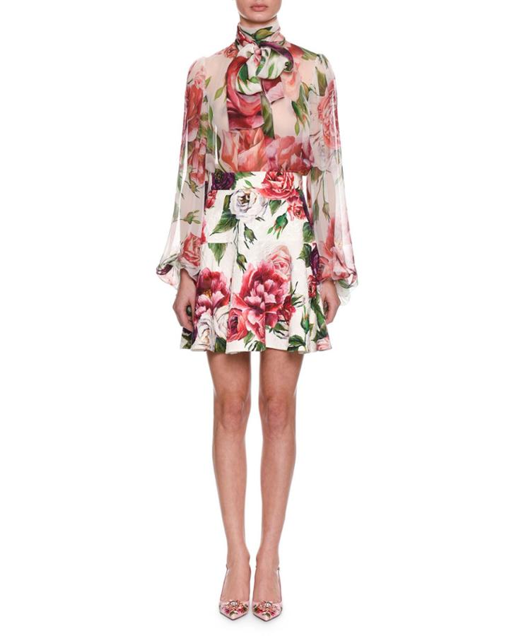 Tie-neck Long-sleeve Rose & Peony-print Silk Chiffon Blouse