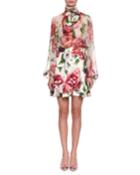 Tie-neck Long-sleeve Rose & Peony-print Silk Chiffon Blouse