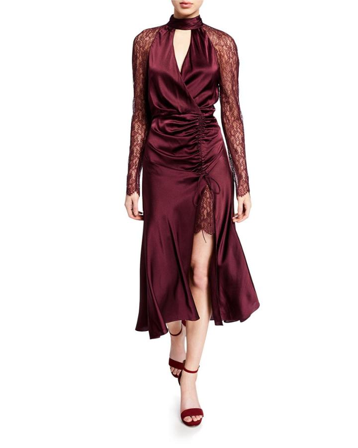 Mixed Lace Ruched-front Keyhole Dress