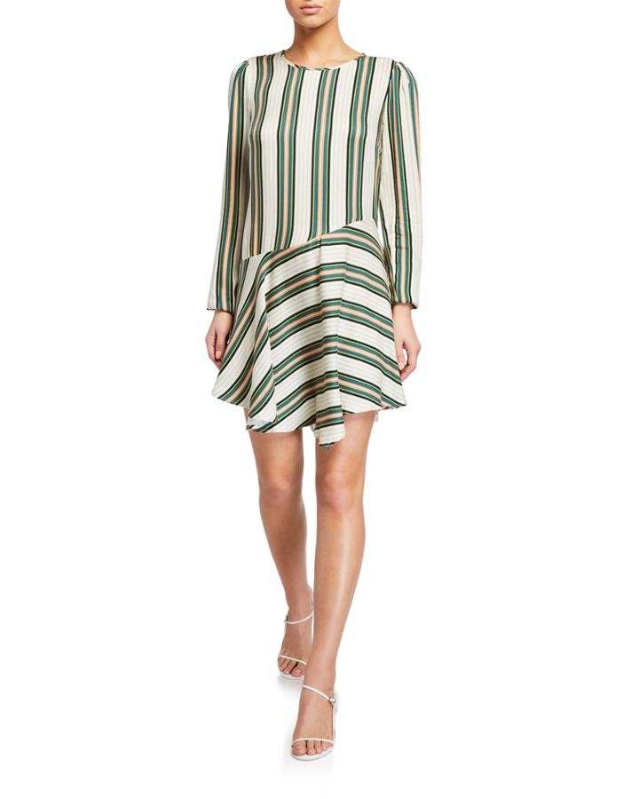 Striped Long-sleeve Asymmetric-hem Dress
