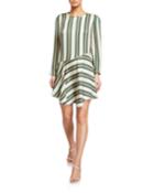 Striped Long-sleeve Asymmetric-hem Dress