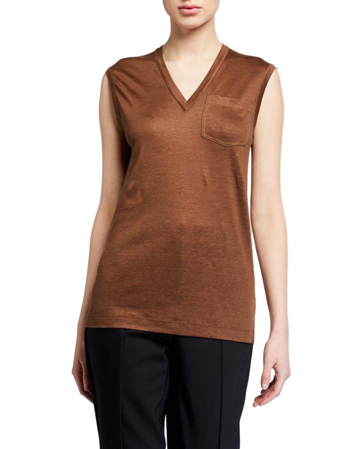 V-neck Linen/silk Chest Pocket Tank