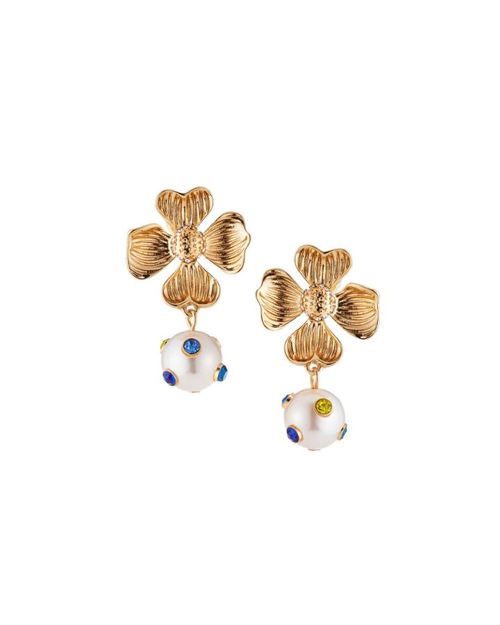 Flower Drop Earrings W/ Crystals