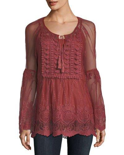 Embroidered Bell-sleeve Peasant Blouse