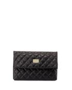 Quilted Leather Fold-over Clutch Bag, Black