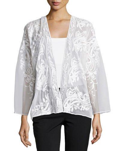 3/4-sleeve Sheer Embroidered Cardigan, White