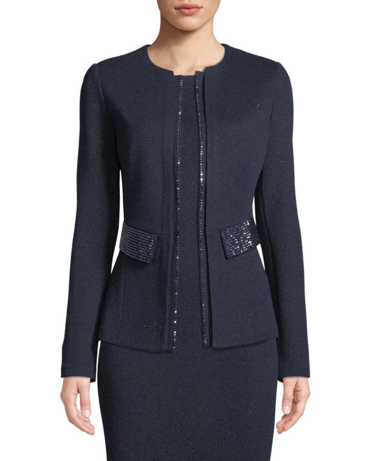Sequins Jewel-neck Hook-front Mod-metallic Knit
