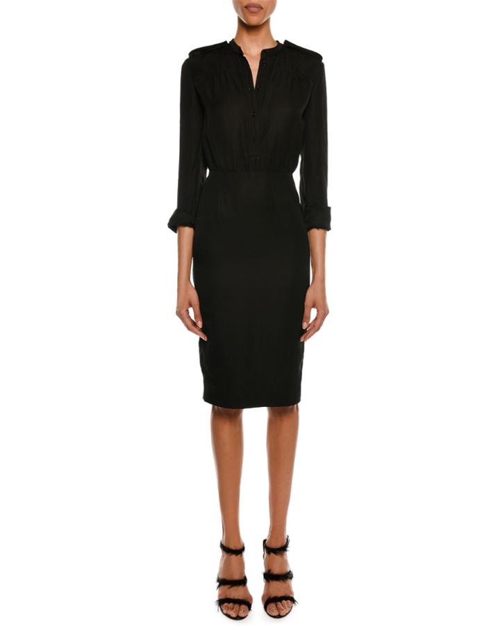 3/4-sleeve Elastic-waist Linen-blend Dress
