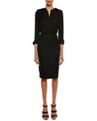 3/4-sleeve Elastic-waist Linen-blend Dress