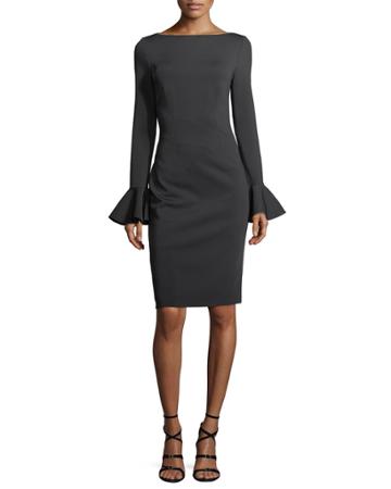 Boat-neck Trumpet-sleeve Sheath Cocktail Dress W/ Embroidery