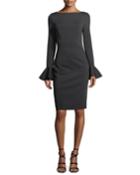Boat-neck Trumpet-sleeve Sheath Cocktail Dress W/ Embroidery