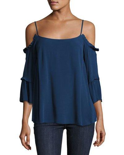 Cold-shoulder Ruffled Blouse, Navy