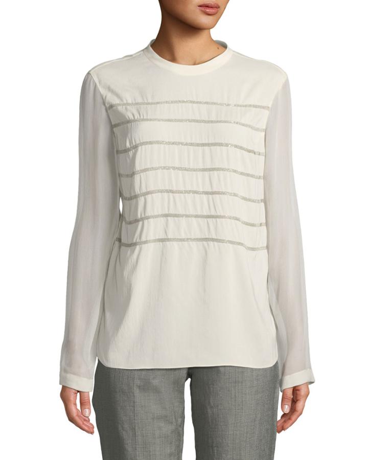 Monili-striped Sheer-sleeve Blouse