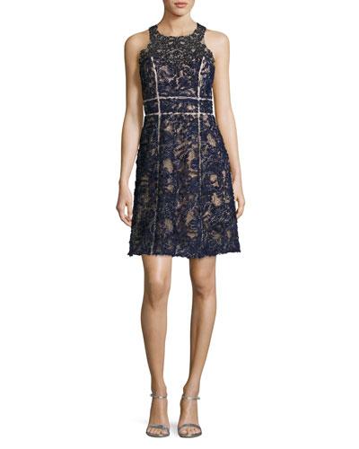 Sleeveless Beaded Lace Cocktail Dress, Navy