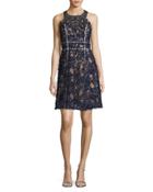 Sleeveless Beaded Lace Cocktail Dress, Navy
