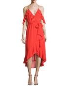 V-neck Georgette Ruffled Wrap Dress, Red