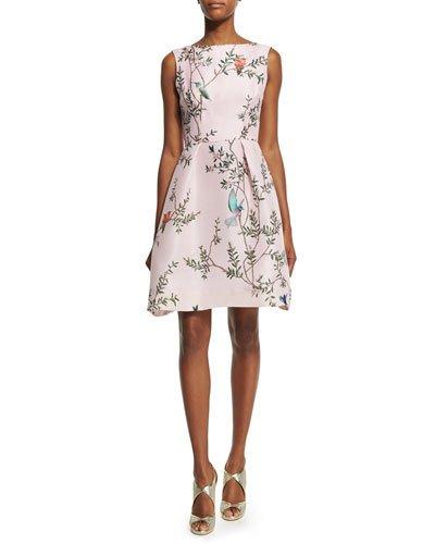 Sleeveless Bird-print Fit-&-flare Dress, Pink