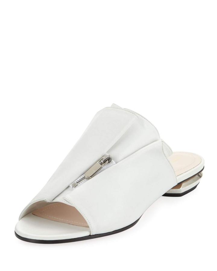Kristen Zip-trim Leather Mule Slide Sandal - Silvertone Hardware