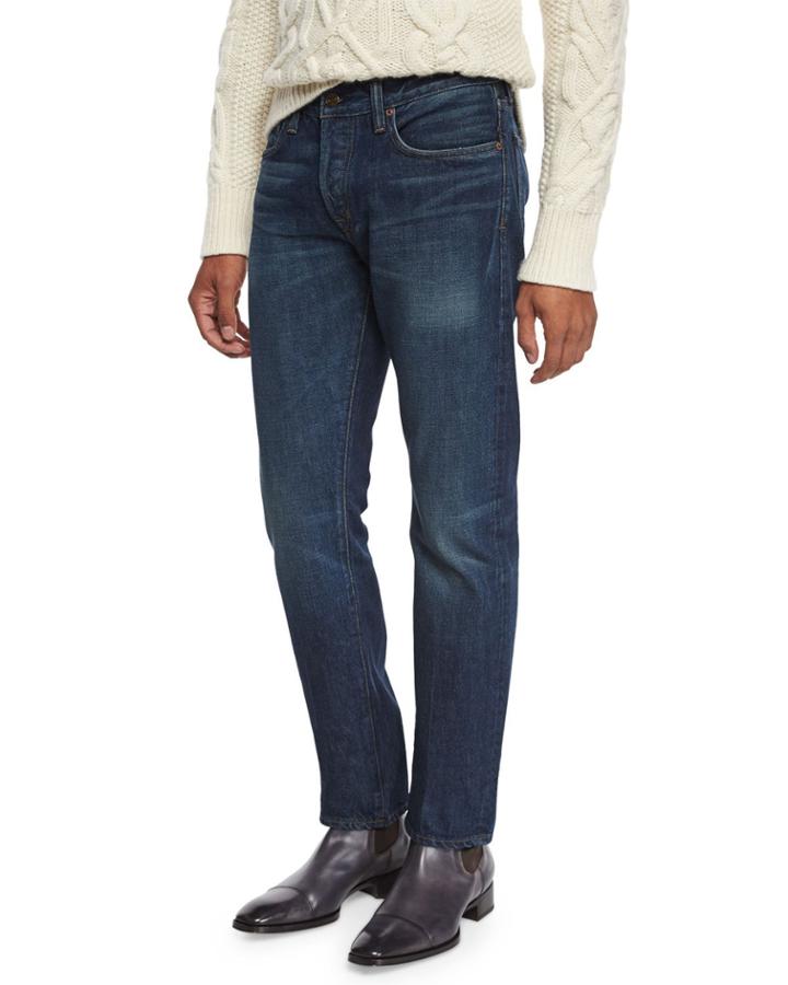 Straight-fit Selvedge Harrison Wash Denim Jeans, Blue