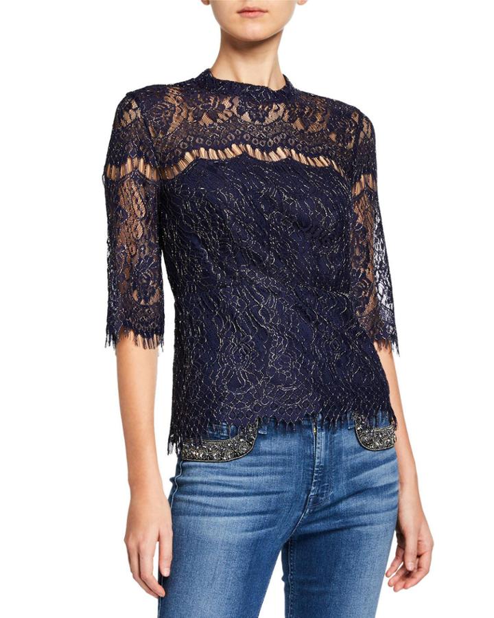 Metallic Lace Short-sleeve Blouse