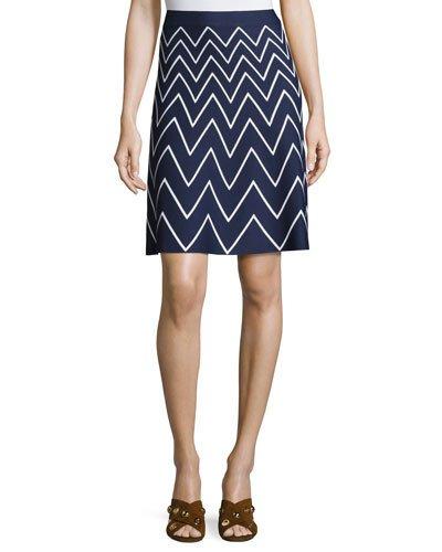 Stretch-knit Chevron Skirt, Blue/white