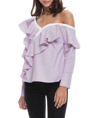 Asymmetrical Cold-shoulder Ruffled Blouse