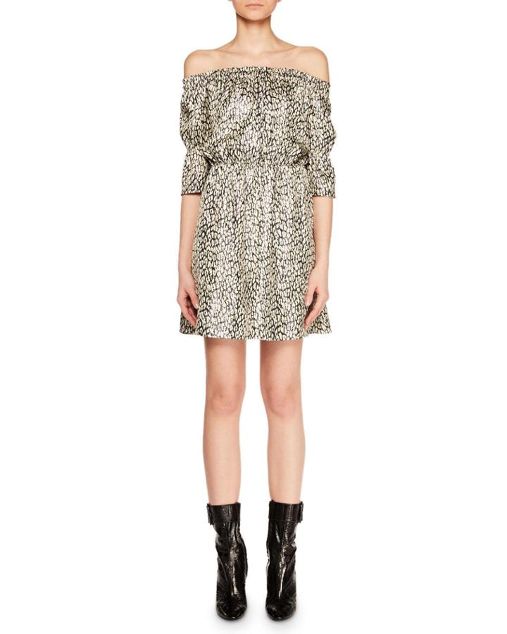 Off-the-shoulder Elastic-waist Baby-cat-print Cocktail Dress