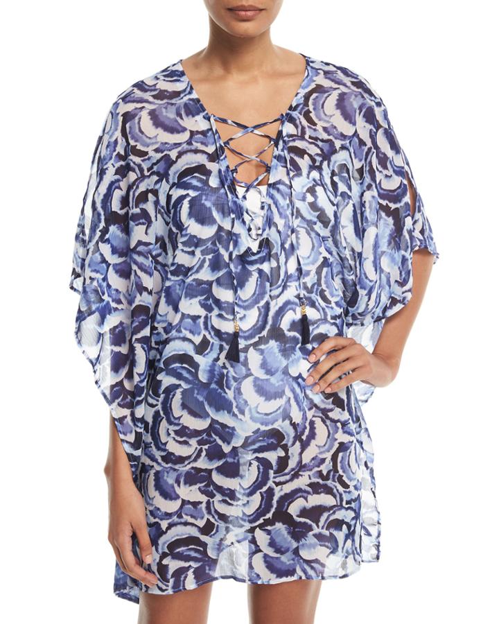 Pansy Petals Sheer Printed Lace-up Tunic Coverup