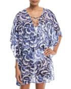 Pansy Petals Sheer Printed Lace-up Tunic Coverup
