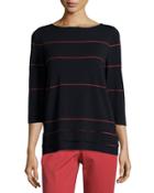 Boat-neck Striped 3/4-sleeve Sweater, Cloud/black