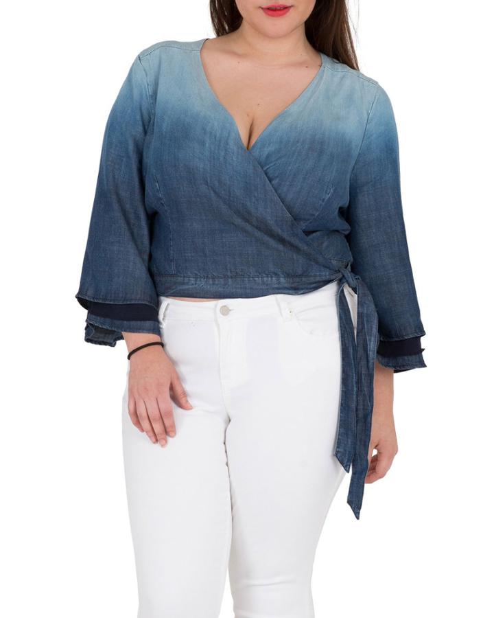 Plus Size Lily Ombre Denim Bell-sleeve Wrap Crop Top