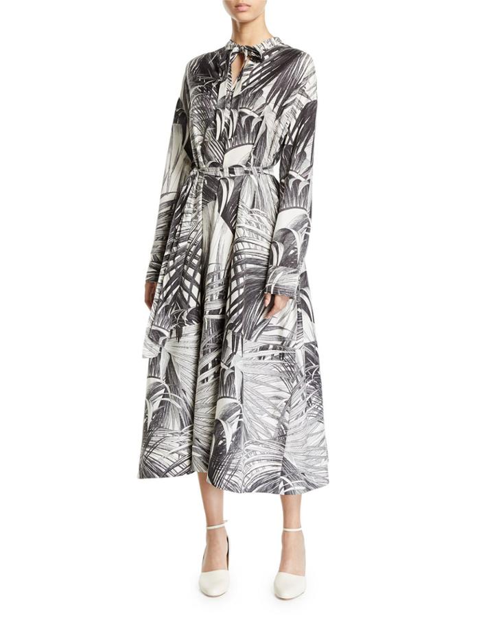 Long-sleeve Palm Print Tie Neck Dress