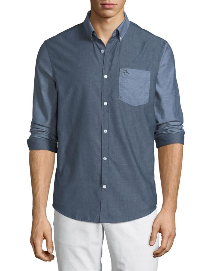 Men's Long-sleeve Button-front Tonal Contrast