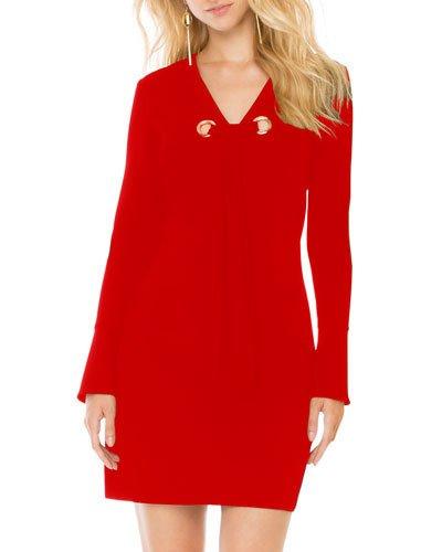 Grommet-tie Long-sleeve Shift Dress, Red