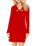 Grommet-tie Long-sleeve Shift Dress, Red