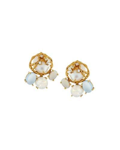 Pearl, Moonstone & Chalcedony Button Earrings