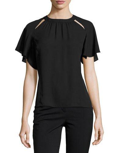 Cutout-neckline Ruffle-sleeve Top