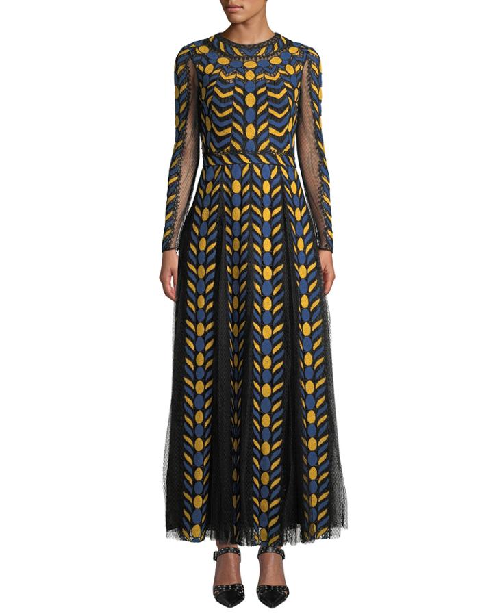 Long-sleeve Geometric Lace Tulle-skirt Gown