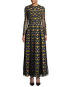 Long-sleeve Geometric Lace Tulle-skirt Gown