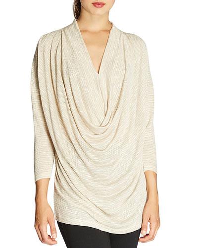 Shimmer-knit Cowl-front Top, Gold