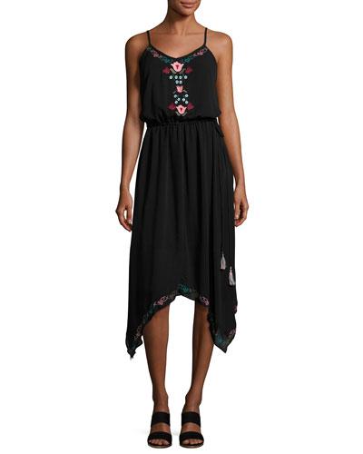 Embroidered Drawstring Midi Dress, Black